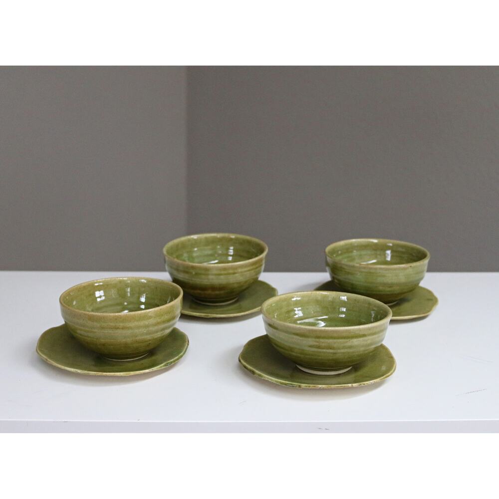 1980's Vintage Hand Thrown PS Signed 8 Piece Olive Glazed Bowl & Plate Set 80's